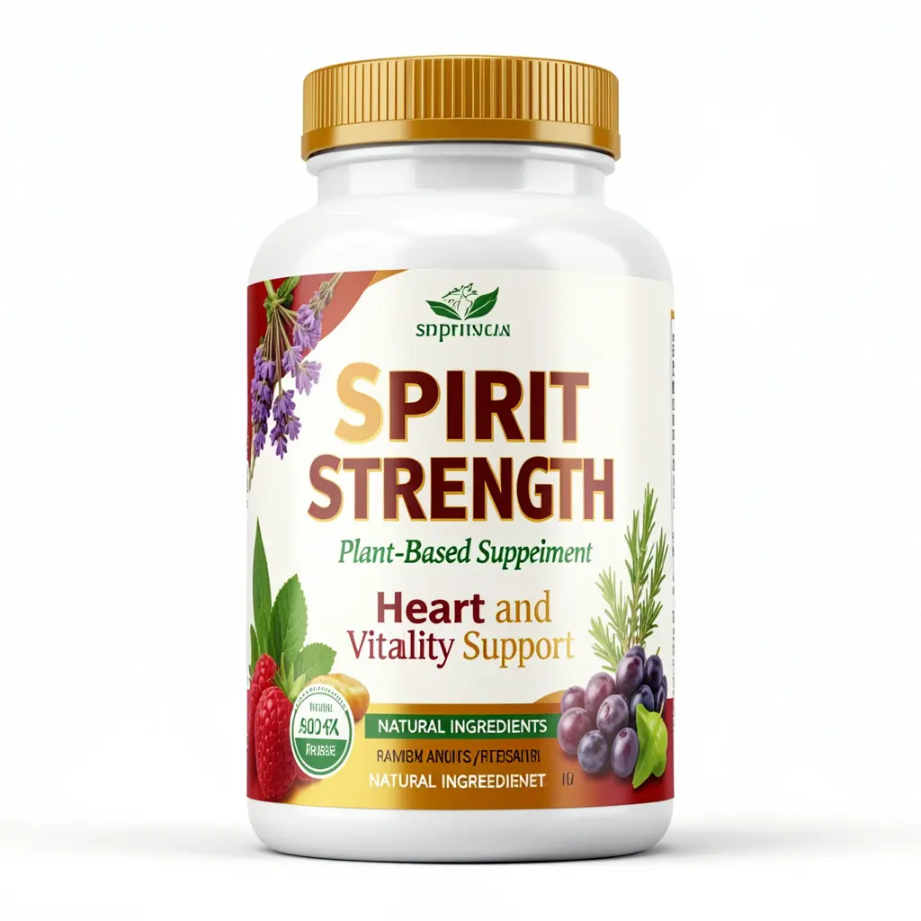 Spirit Strength plant-based supplement bottle with natural ingredients for heart and vitality support